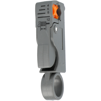 Dispositivo cinzento com escala numérica e botão laranja