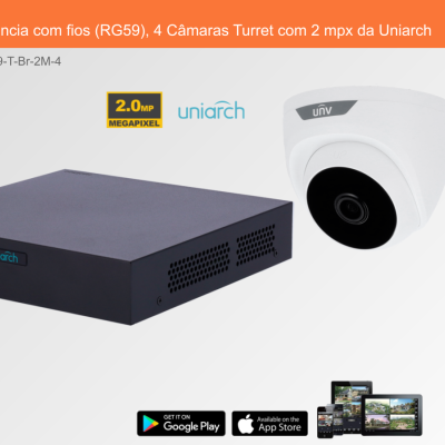 Sistema de Videovigilância com fios (RG59), 4 Câmaras Turret com 2 mpx da Uniarch