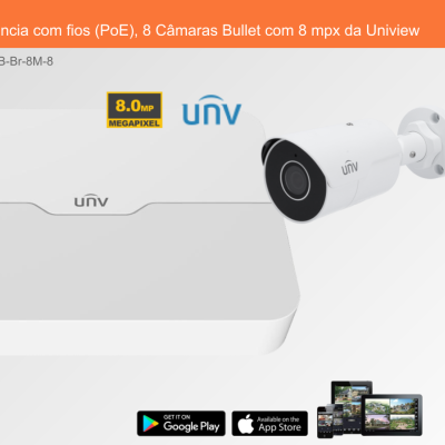Sistema de Videovigilância com fios (PoE), 8 Câmaras Bullet com 8 mpx da Uniview