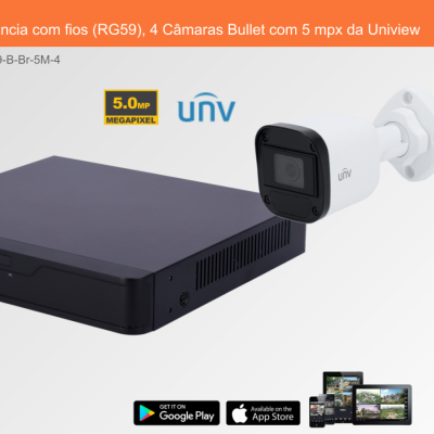 Sistema de Videovigilância com fios (RG59), 4 Câmaras Bullet com 5 mpx da Uniview Sistema de Videovigilância com fios (RG59), 4 Câmaras Bullet com 5 mpx da Uniview