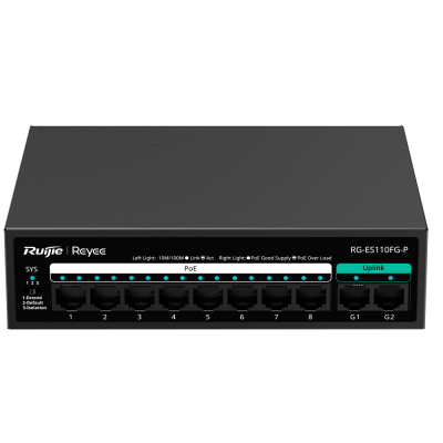Switch de rede Ruijie Reyee RG-ES110FG-P preto com 8 portas Ethernet e luzes indicadoras