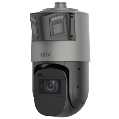 Câmara de segurança PTZ cinza e preta com duas lentes e logótipo 'unv'