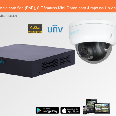 Sistema de Videovigilância com fios (PoE), 8 Câmaras Mini-Dome com 4 mpx da Uniview