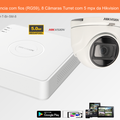 Sistema de Videovigilância com fios (RG59), 8 Câmaras Turret com 5 mpx da Hikvision