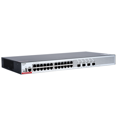 Switch de rede Fi-SW2401 cinza metálico com 24 portas Ethernet e 4 portas SFP