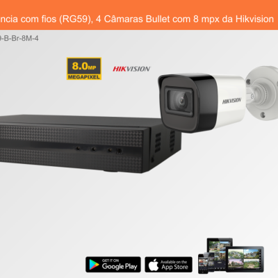 Sistema de Videovigilância com fios (RG59), 4 Câmaras Bullet com 8 mpx da Hikvision