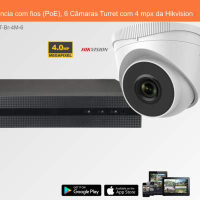 Sistema de Videovigilância com fios (PoE), 6 Câmaras Turret com 4 mpx da Hikvision