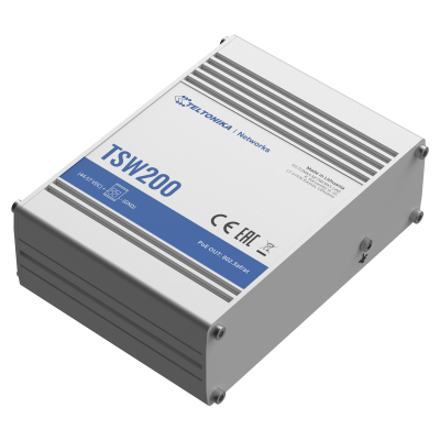 Dispositivo eletrónico ELTONIKA TSW200 caixa cinza com etiquetas brancas e azuis