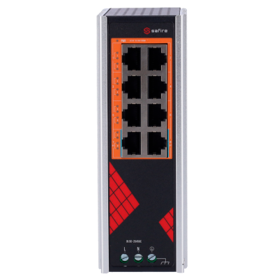 Switch de rede Safire preto e laranja com oito portas Ethernet e LEDs indicadores