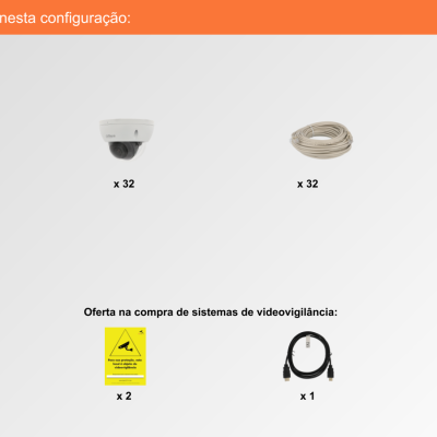 Sistema de Videovigilância com fios (IP) e Switch PoE, 32 Câmaras Mini-Dome com 4 mpx da Dahua