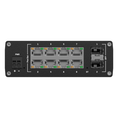Equipamento de rede preto com múltiplas portas Ethernet e SFP