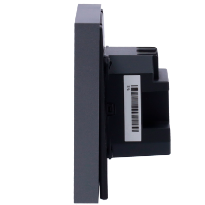 Dispositivo eletrônico cinzento e preto com etiqueta de código de barras lateral