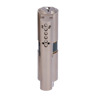 Cilindro de fechadura metálico prateado com furos circulares