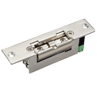 Fecho elétrico metálico prateado com parafusos e conector verde e preto