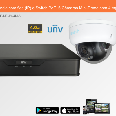 Sistema de Videovigilância com fios (IP) e Switch PoE, 6 Câmaras Mini-Dome com 4 mpx da Uniview Sistema de Videovigilância com fios (IP) e Switch PoE, 6 Câmaras Mini-Dome com 4 mpx da Uniview