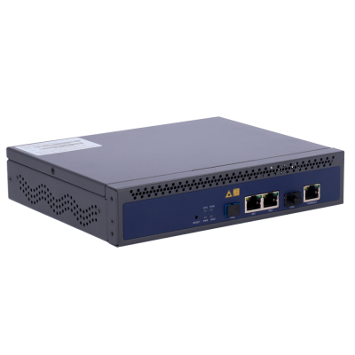 Equipamento de rede metálico cinzento com portas Ethernet e LEDs