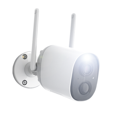 Câmara de segurança exterior branca com dupla antena e luz LED