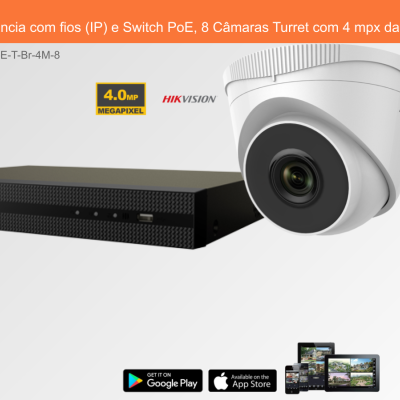 Sistema de Videovigilância com fios (IP) e Switch PoE, 8 Câmaras Turret com 4 mpx da Hikvision