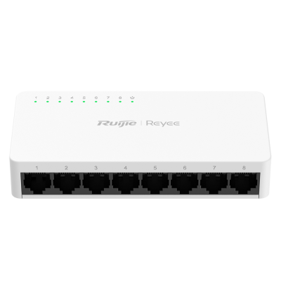 Interruptor de rede Ruijie Reyee branco com 8 portas RJ45 e LEDs verdes