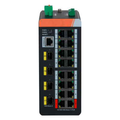 Switch de rede preto com 16 portas Ethernet e 4 portas em amarelo, texto PWR1 PWR2 RESET CONSOLE.