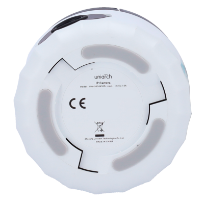 Parte inferior da câmara IP uniarch branca com texto e certificações visíveis