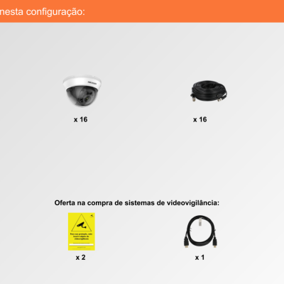 Componentes de sistema de videovigilância com textos em português e vários acessórios