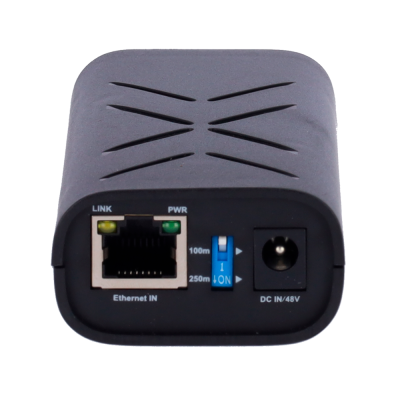 Dispositivo preto com entrada Ethernet, interruptor azul e entrada DC