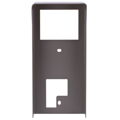 Estrutura metálica cinza escuro com recortes retangulares e orifício circular