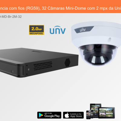 Sistema de Videovigilância com fios (RG59), 32 Câmaras Mini-Dome com 2 mpx da Uniview