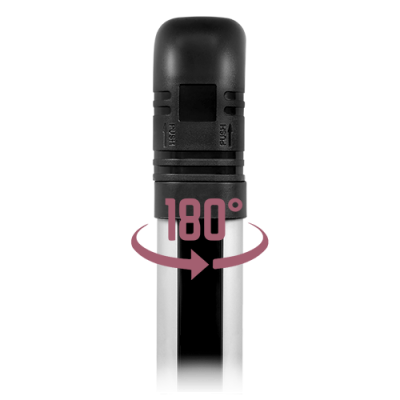 Ferramenta preta com lâminas metálicas e texto 180° em rosa