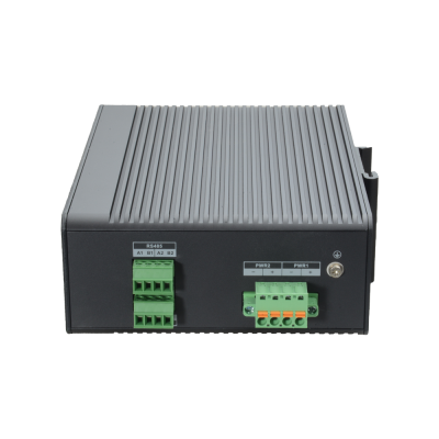 Dispositivo eletrónico cinzento com conectores verdes e etiquetas