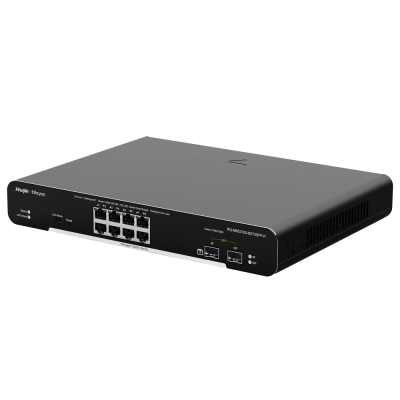 Switch de rede Tp-Link preto com 8 portas Ethernet e portas SFP