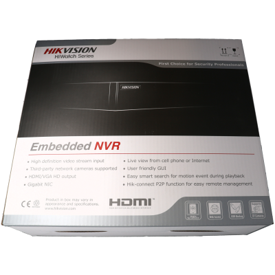 Caixa do gravador de vídeo em rede HIKVISION Embedded NVR preta e branca com texto informativo.