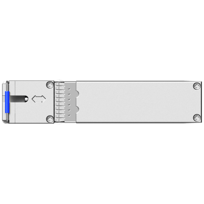 Módulo óptico SFP metálico prateado com conector azul