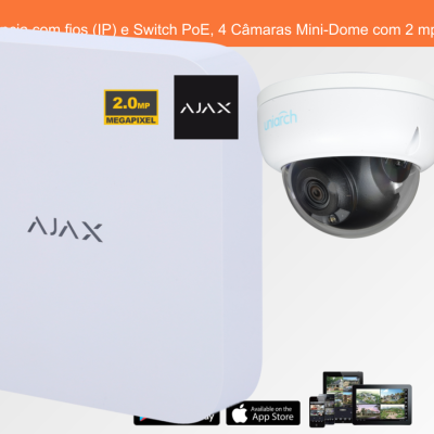 Sistema de Videovigilância com fios (IP) e Switch PoE, 4 Câmaras Mini-Dome com 2 mpx da Ajax