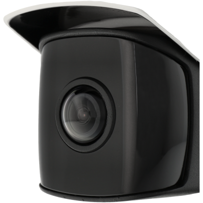 Câmara de segurança preta com lente circular e proteção superior
