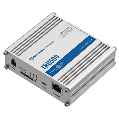 Dispositivo Teltonika Networks TRB500 cinza com portas e indicadores LED
