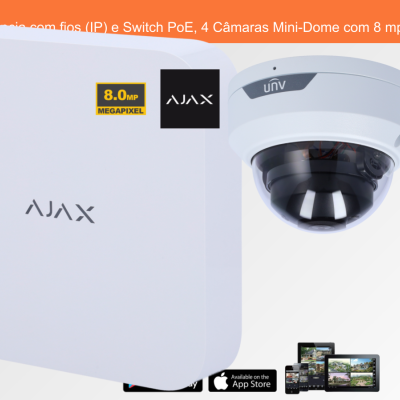Sistema de Videovigilância com fios (IP) e Switch PoE, 4 Câmaras Mini-Dome com 8 mpx da Ajax