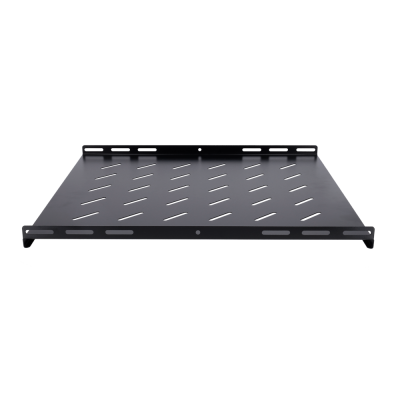 Prateleira metálica preta com furos e bordas perfuradas