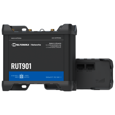 Roteador Teltonika Networks RUT901 preto com etiquetas e conectores visíveis