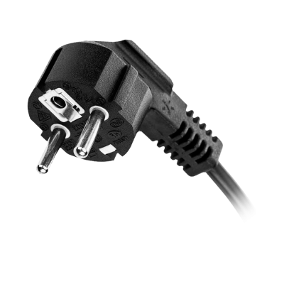 plugue elétrico preto com dois pinos redondos e tomada de terra