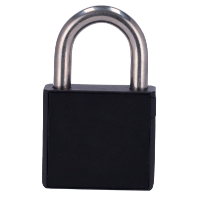 Cadeado preto de corpo quadrado com arco metálico