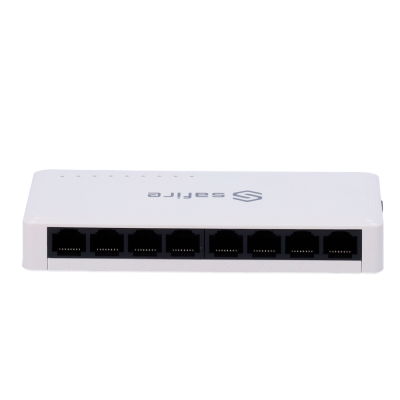 Switch de rede Safire branco com oito portas RJ45 e logótipo Safire no topo