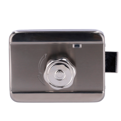 Fechadura elétrica metálica prateada com botão rotativo