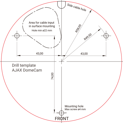 Diagrama circular para montagem de câmera AJAX DomeCam com medidas e instruções.
