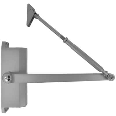 Braço hidráulico cinzento para porta com suporte de fixação e braços articulados