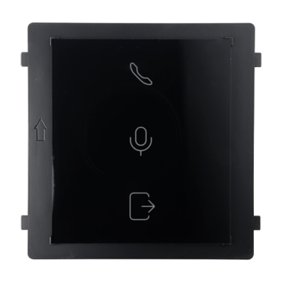 Painel quadrado com ícones de telefone, microfone e saída em preto e cinza