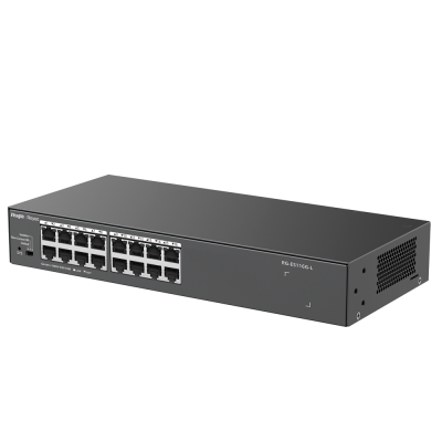 Switch de rede Ethernet FS S1160G-L com 16 portas RJ45, cor negra, fundo branco