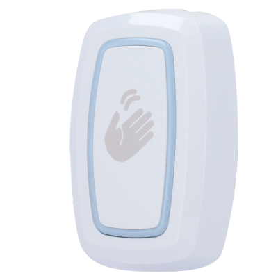 Dispositivo branco com botão e ícone de mão cinzenta