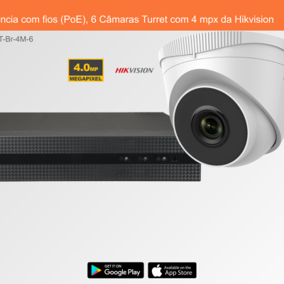 Sistema de Videovigilância com fios (PoE), 6 Câmaras Turret com 4 mpx da Hikvision Sistema de Videovigilância com fios (PoE), 6 Câmaras Turret com 4 mpx da Hikvision